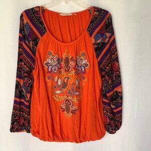 SOFT SURROUNDINGS Hot Coral Multi Color Embroidered Blame Rio Peasant Top
